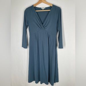 Garnet Hill Women's dress XS stretch knit jersey blue sir place 3/4 sleeve midi